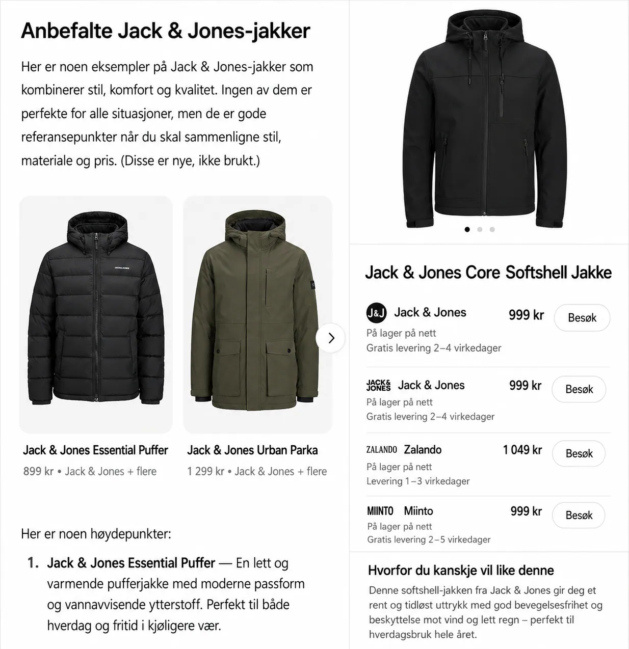Chat-GPT Shopping eksempel med Jack & Jones- jakker