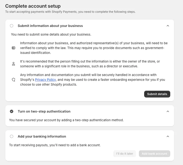 Slik fullfører du Shopify payments for din nettbutikk