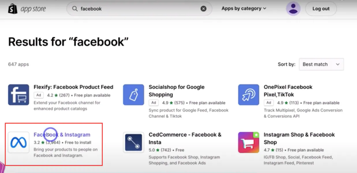 Shopify sin app store med Facebook & Instagram appen